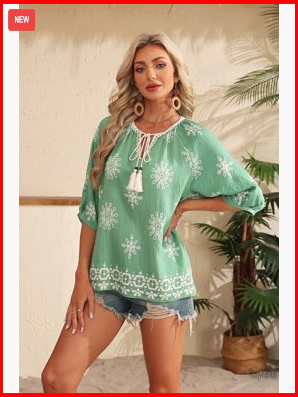 Boho 3/4 Sleeve V-Neck Tie Front Peasant Blouse Loose Fit Flowy Summer Top - Picture 3 of 7